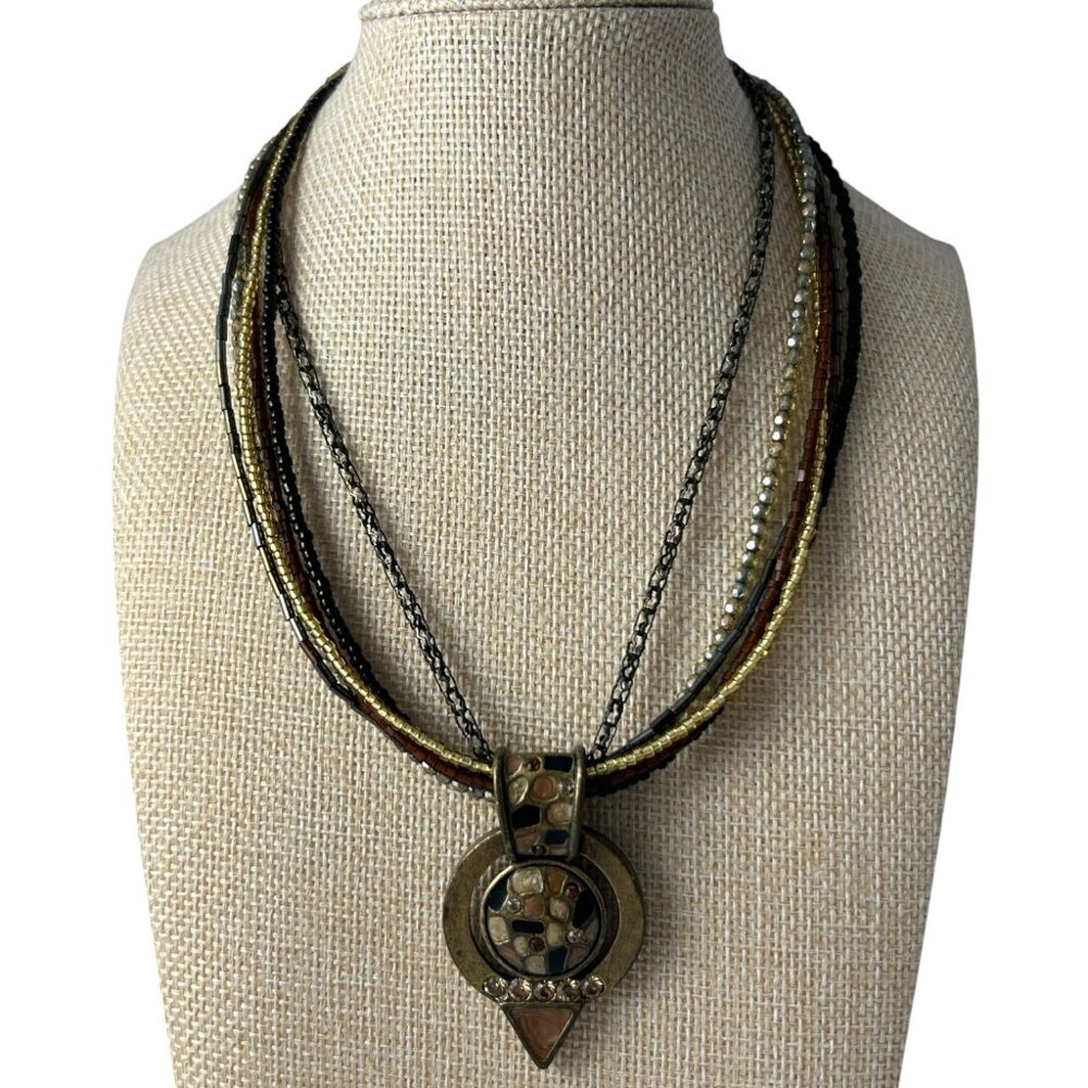 Chicos Boho Multi Strand Necklace Mixed Beads Bronze Tone Geometric Pendant